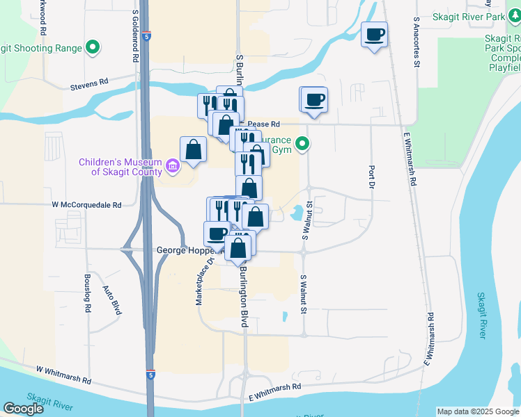map of restaurants, bars, coffee shops, grocery stores, and more near 1670 South Burlington Boulevard in Burlington