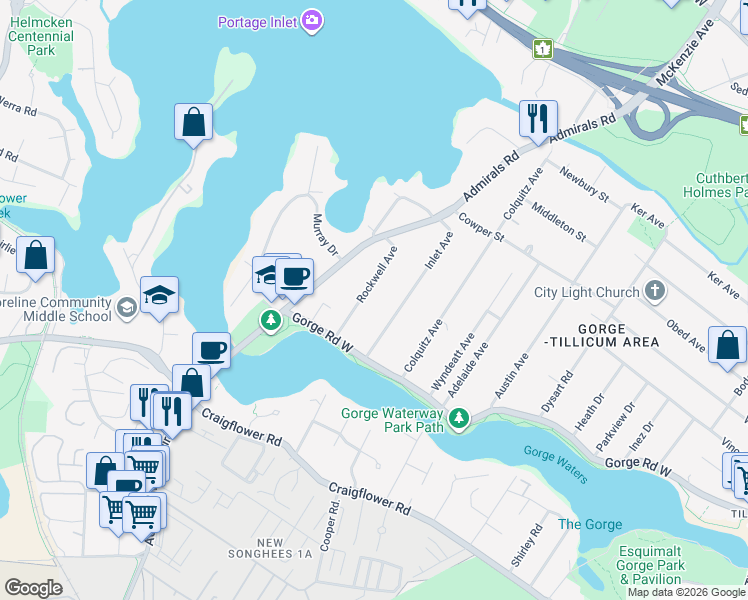 map of restaurants, bars, coffee shops, grocery stores, and more near 2835 Rockwell Avenue in Victoria