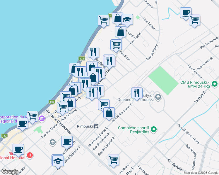 map of restaurants, bars, coffee shops, grocery stores, and more near 170 Rue Saint Pierre in Rimouski