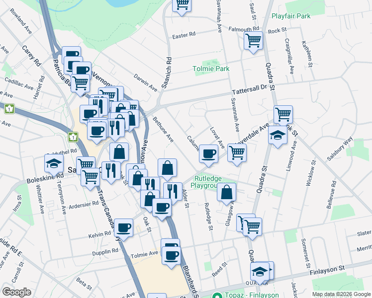 map of restaurants, bars, coffee shops, grocery stores, and more near 3510 Calumet Avenue in Victoria
