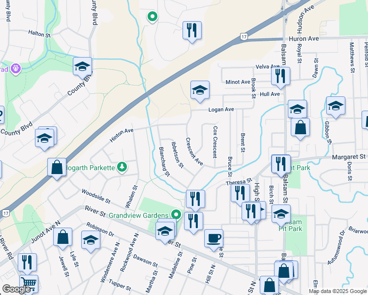 map of restaurants, bars, coffee shops, grocery stores, and more near 173 Crescent Avenue in Thunder Bay
