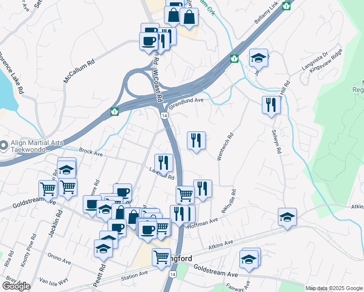 map of restaurants, bars, coffee shops, grocery stores, and more near 696 Charmar Crescent in Victoria