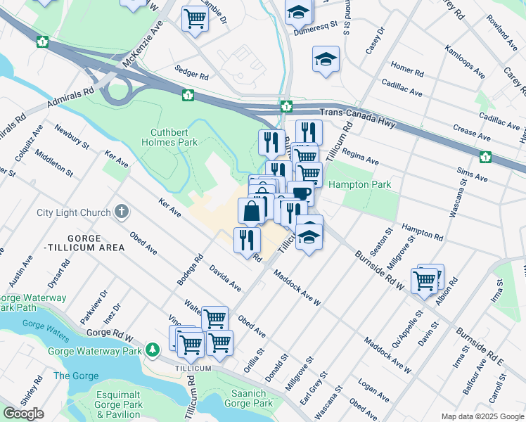 map of restaurants, bars, coffee shops, grocery stores, and more near 3170 Tillicum Road in Victoria
