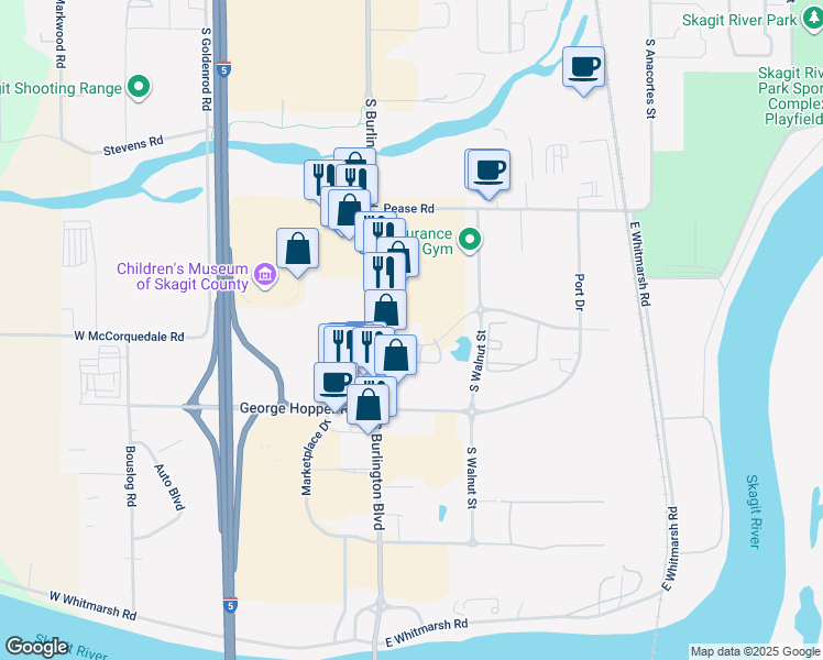 map of restaurants, bars, coffee shops, grocery stores, and more near 1670 South Burlington Boulevard in Burlington