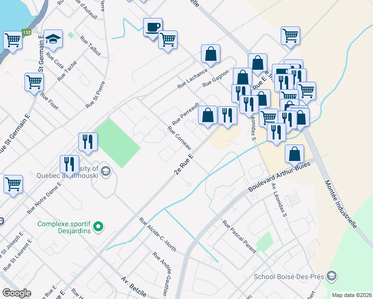 map of restaurants, bars, coffee shops, grocery stores, and more near 342 2e Rue East in Rimouski
