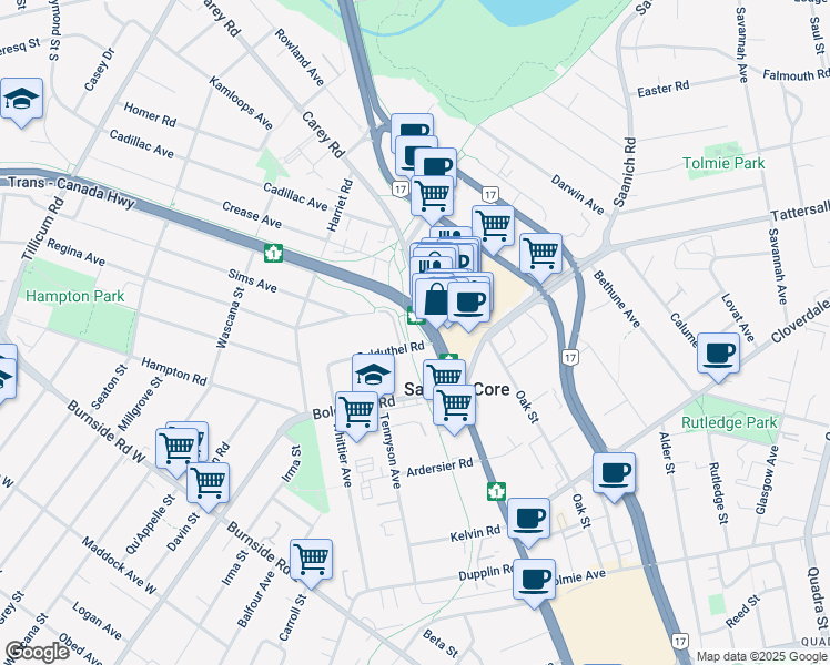 map of restaurants, bars, coffee shops, grocery stores, and more near 3671 Uptown Boulevard in Saanich