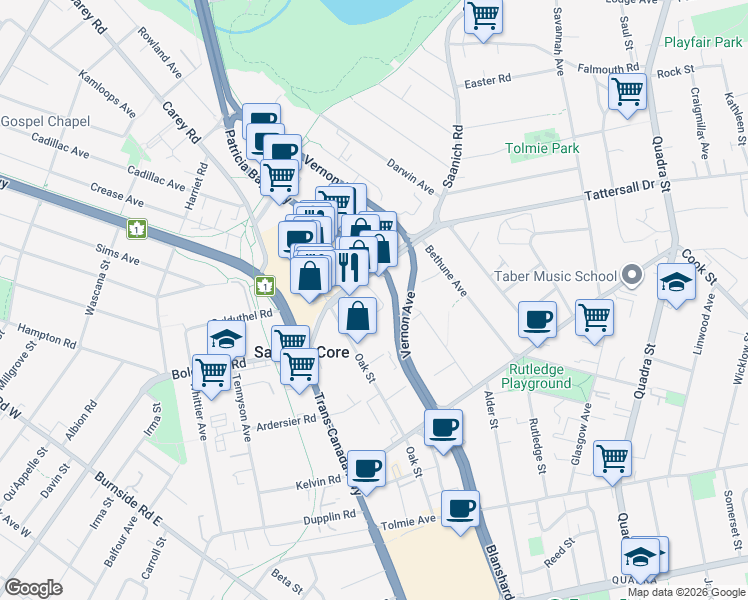 map of restaurants, bars, coffee shops, grocery stores, and more near 870 Short Street in Victoria