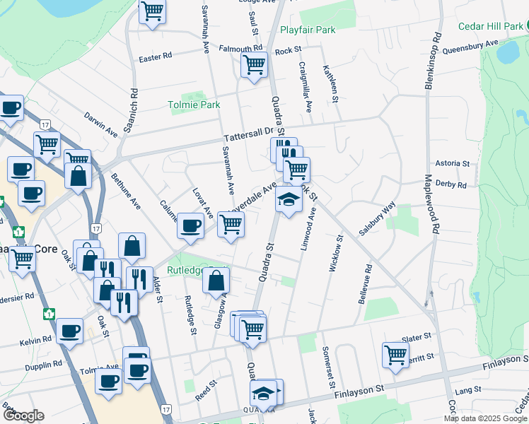 map of restaurants, bars, coffee shops, grocery stores, and more near 3420 Quadra Street in Victoria