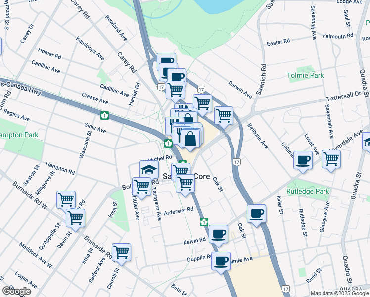 map of restaurants, bars, coffee shops, grocery stores, and more near 3531 Uptown Boulevard in Victoria