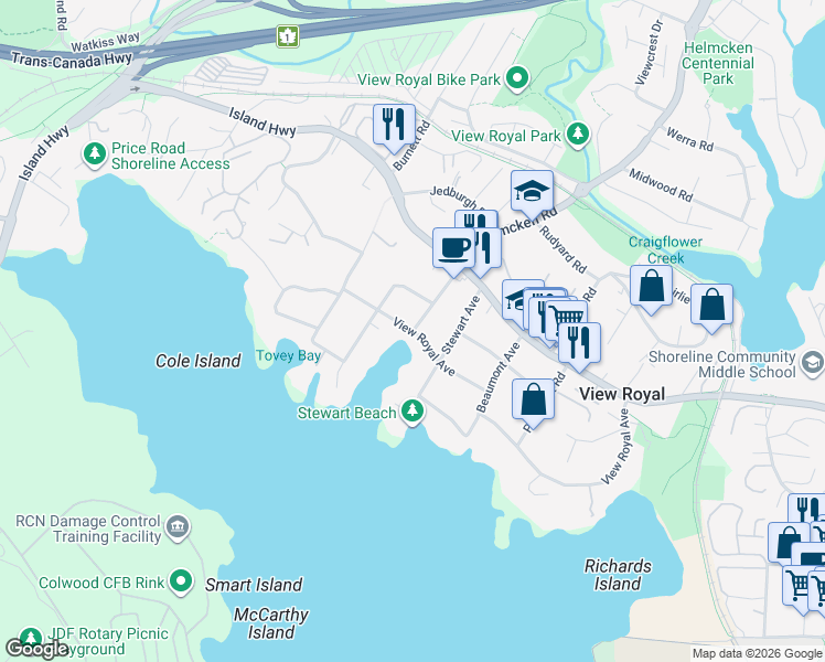 map of restaurants, bars, coffee shops, grocery stores, and more near 300 View Royal Avenue in Victoria