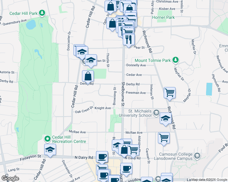 map of restaurants, bars, coffee shops, grocery stores, and more near 3410 Browning Street in Victoria