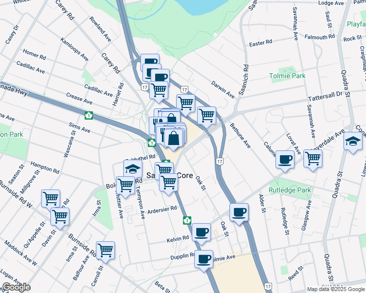 map of restaurants, bars, coffee shops, grocery stores, and more near 201-3531 Uptown Boulevard in Victoria