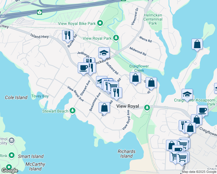 map of restaurants, bars, coffee shops, grocery stores, and more near 278 Island Highway in Victoria