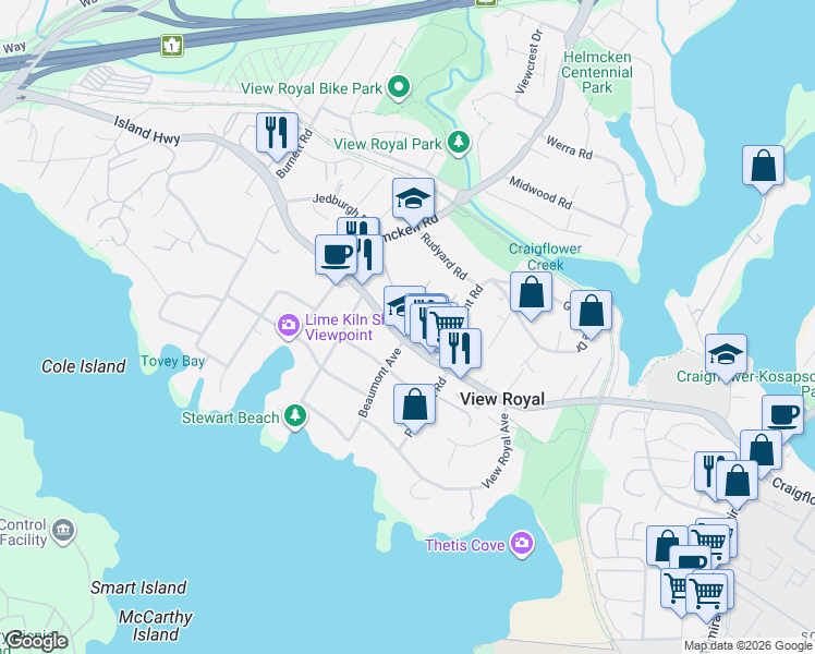 map of restaurants, bars, coffee shops, grocery stores, and more near in Victoria