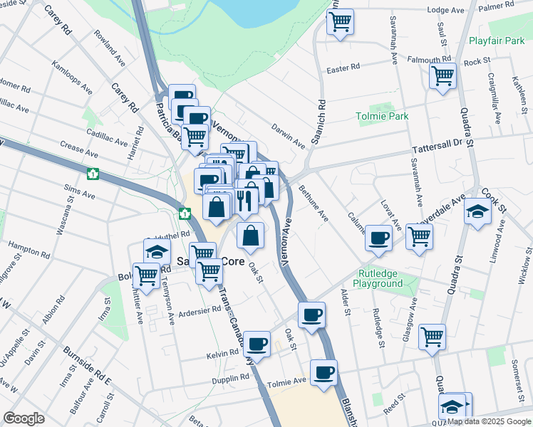 map of restaurants, bars, coffee shops, grocery stores, and more near 3501 West Saanich Road in Victoria
