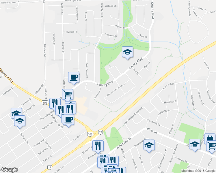 map of restaurants, bars, coffee shops, grocery stores, and more near 311 County Boulevard in Thunder Bay