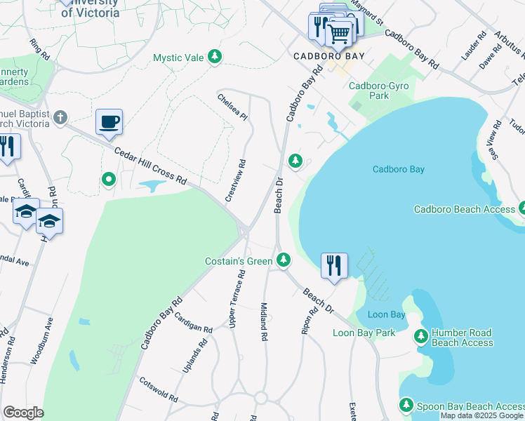 map of restaurants, bars, coffee shops, grocery stores, and more near 3611 Cadboro Bay Road in Victoria