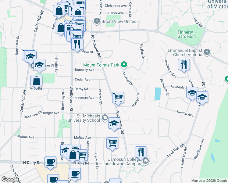 map of restaurants, bars, coffee shops, grocery stores, and more near 3529 Richmond Road in Victoria
