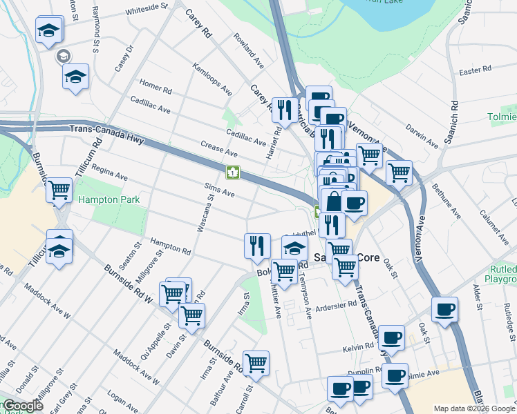 map of restaurants, bars, coffee shops, grocery stores, and more near in Victoria