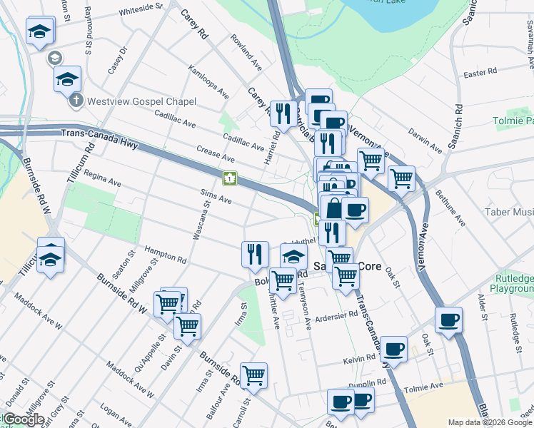 map of restaurants, bars, coffee shops, grocery stores, and more near 52 Sims Avenue in Victoria
