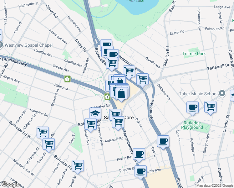 map of restaurants, bars, coffee shops, grocery stores, and more near Uptown Boulevard in Victoria