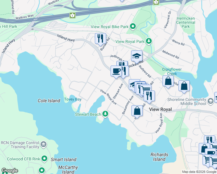 map of restaurants, bars, coffee shops, grocery stores, and more near 300 View Royal Avenue in Victoria