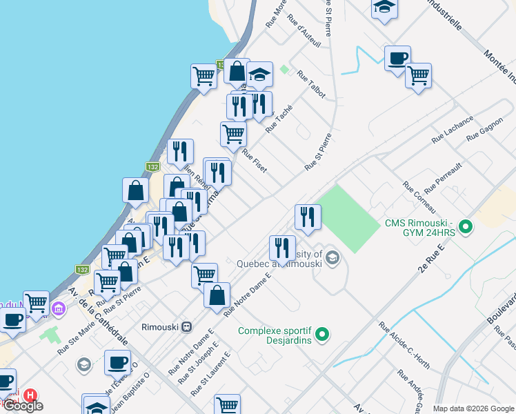 map of restaurants, bars, coffee shops, grocery stores, and more near 232 Rue Saint Pierre in Rimouski