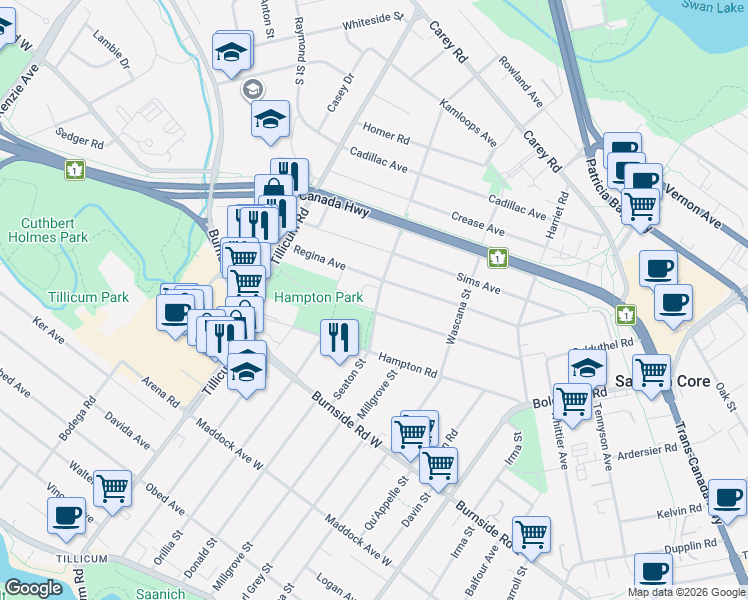 map of restaurants, bars, coffee shops, grocery stores, and more near 3428 Seaton Street in Victoria