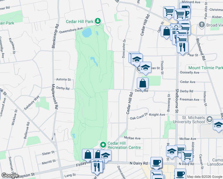 map of restaurants, bars, coffee shops, grocery stores, and more near 3354 Doncaster Drive in Victoria