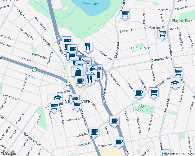 map of restaurants, bars, coffee shops, grocery stores, and more near 3510 Blanshard Street in Victoria