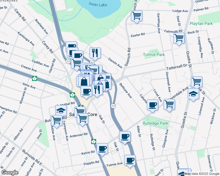 map of restaurants, bars, coffee shops, grocery stores, and more near 3550 Saanich Road in Victoria