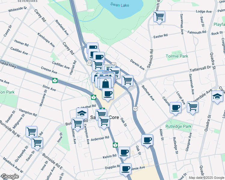 map of restaurants, bars, coffee shops, grocery stores, and more near 3550 Blanshard Street in Victoria