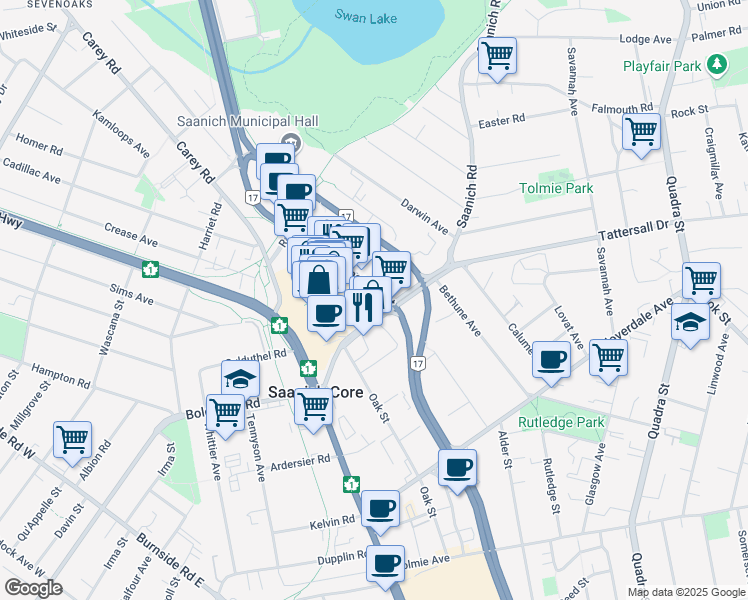 map of restaurants, bars, coffee shops, grocery stores, and more near 3501 Blanshard Street in Victoria