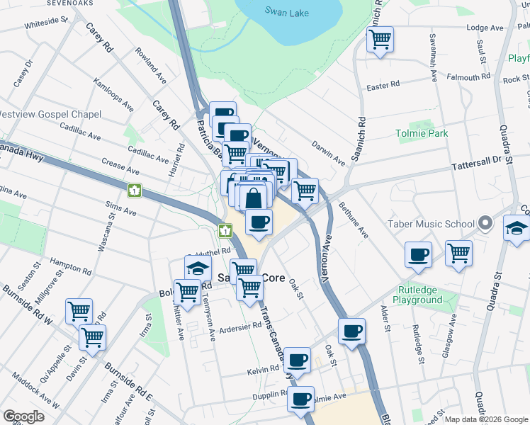 map of restaurants, bars, coffee shops, grocery stores, and more near 3440 Saanich Road in Victoria