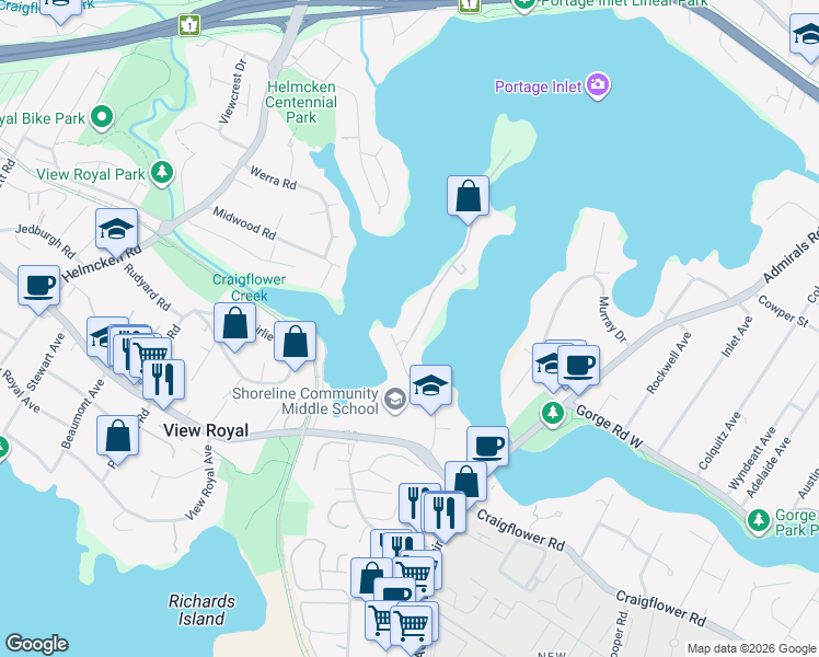map of restaurants, bars, coffee shops, grocery stores, and more near 2818 Craigowan Road in Victoria