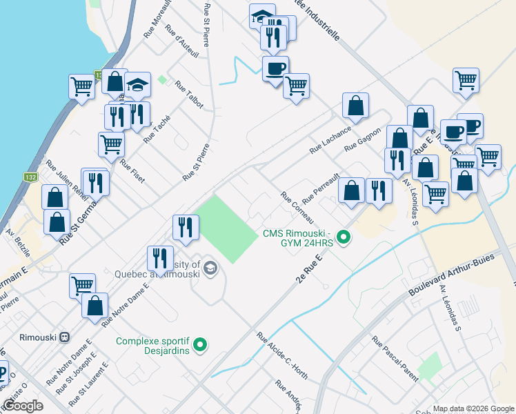 map of restaurants, bars, coffee shops, grocery stores, and more near 325 Rue Saint Jean Baptiste Est in Rimouski