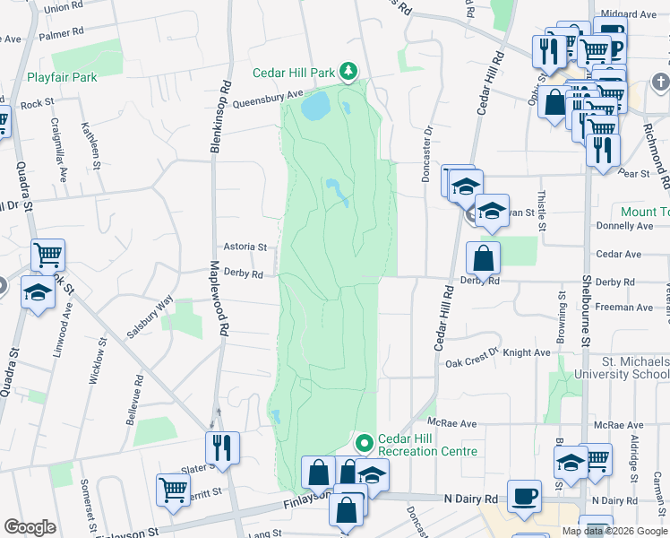 map of restaurants, bars, coffee shops, grocery stores, and more near 1400 Derby Road in Victoria