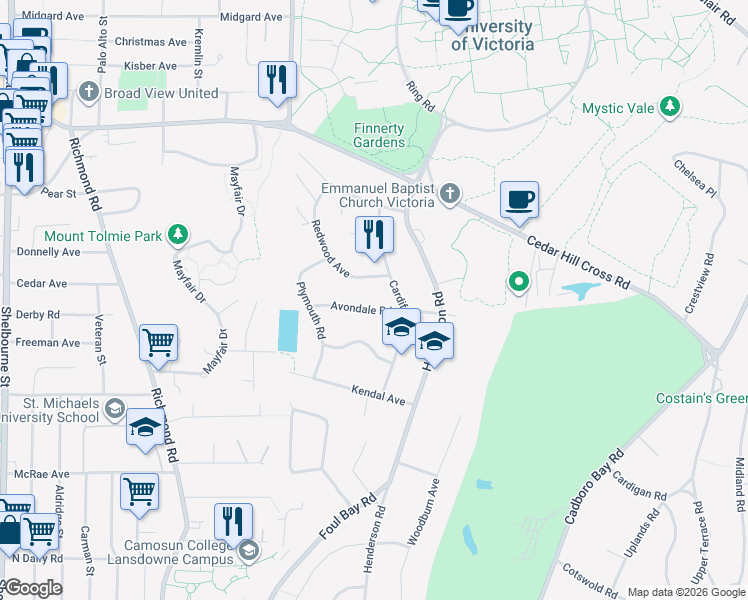 map of restaurants, bars, coffee shops, grocery stores, and more near 3535 Redwood Avenue in Victoria