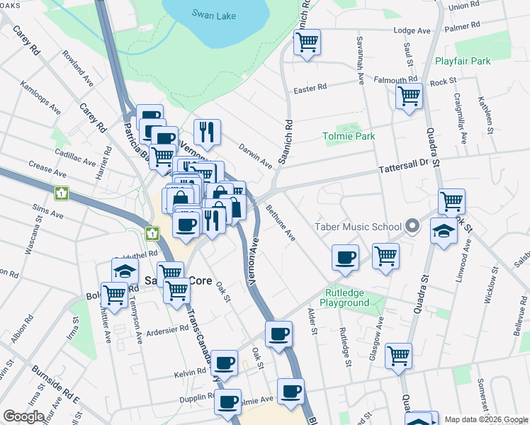 map of restaurants, bars, coffee shops, grocery stores, and more near 9512 Blanshard Street in Victoria