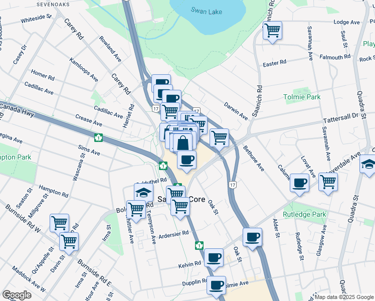 map of restaurants, bars, coffee shops, grocery stores, and more near 3550 Blanshard Street in Victoria