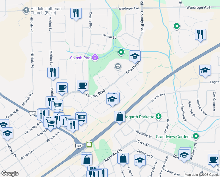 map of restaurants, bars, coffee shops, grocery stores, and more near 339 County Boulevard in Thunder Bay