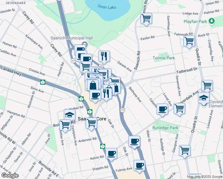 map of restaurants, bars, coffee shops, grocery stores, and more near 3501 Blanshard Street in Victoria