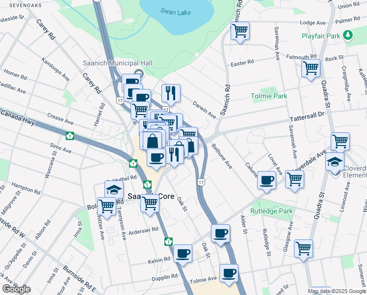 map of restaurants, bars, coffee shops, grocery stores, and more near 3550 Saanich Road in Saanich