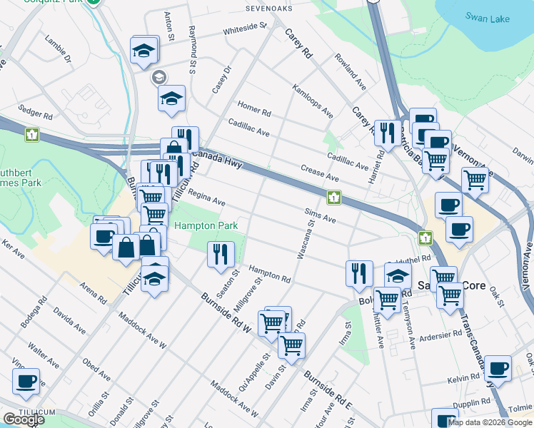 map of restaurants, bars, coffee shops, grocery stores, and more near 176 Regina Avenue in Victoria