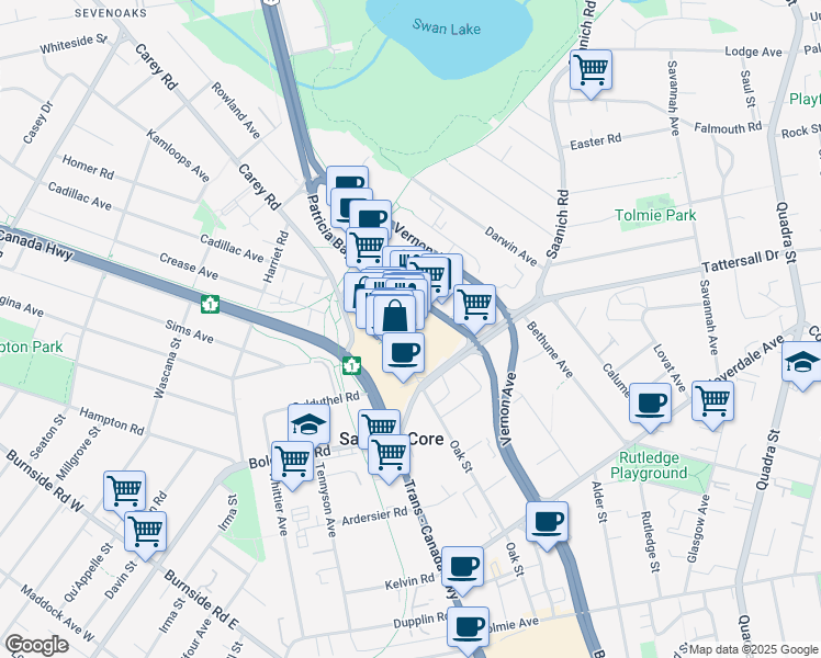 map of restaurants, bars, coffee shops, grocery stores, and more near 3440 Saanich Road in Victoria