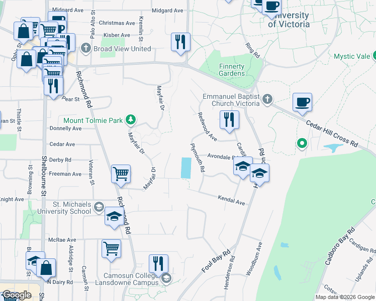 map of restaurants, bars, coffee shops, grocery stores, and more near 3524 Plymouth Road in Victoria