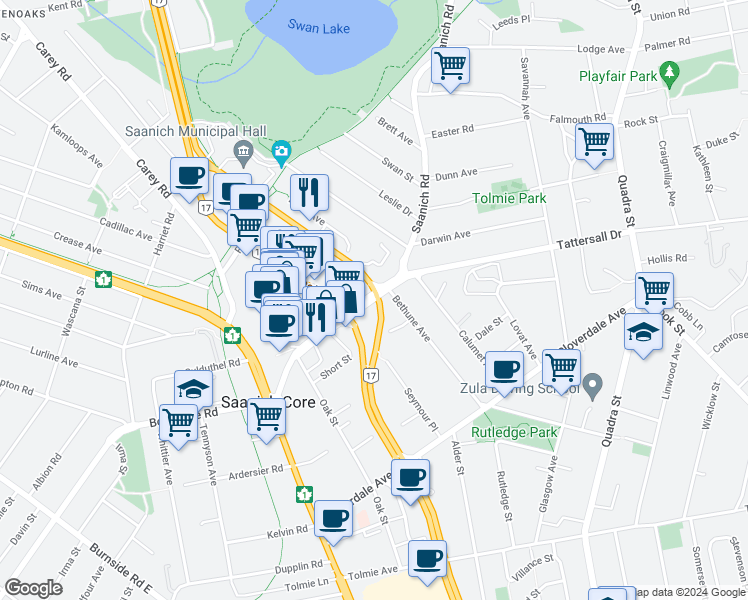 map of restaurants, bars, coffee shops, grocery stores, and more near 9512 Blanshard Street in Victoria