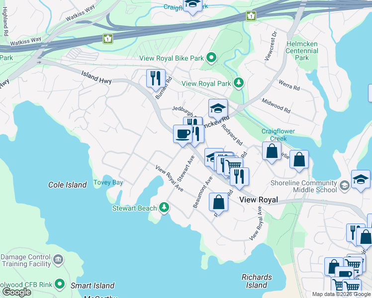 map of restaurants, bars, coffee shops, grocery stores, and more near 384 Helmcken Road in Victoria