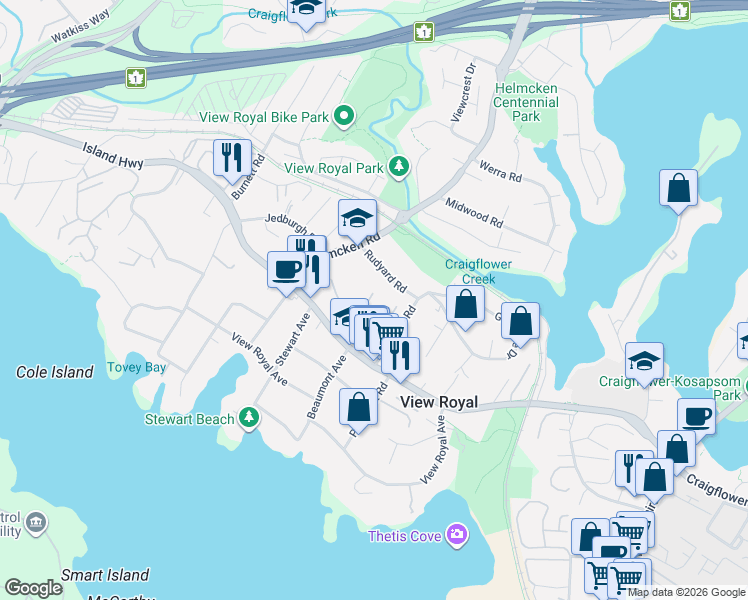 map of restaurants, bars, coffee shops, grocery stores, and more near 285 Rudyard Road in Victoria