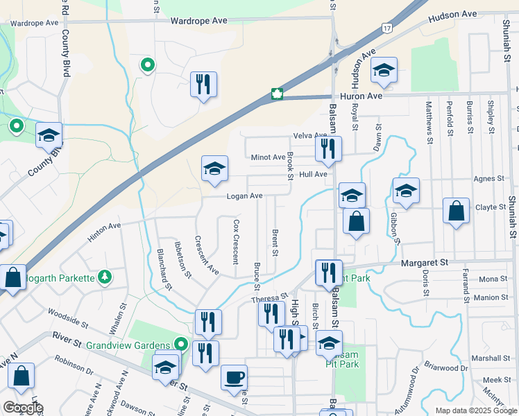 map of restaurants, bars, coffee shops, grocery stores, and more near 221 Bruce Street in Thunder Bay
